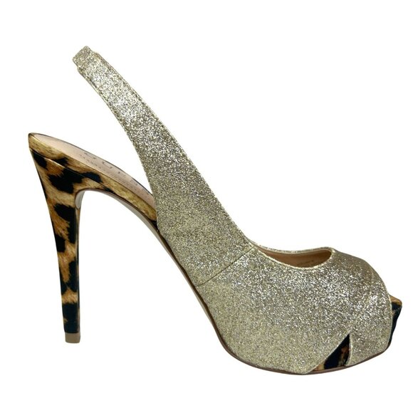 Guess Sling Back Gold Glitter Animal Print Platform Stiletto Peep Toe Heels 6.5 - Picture 1 of 8